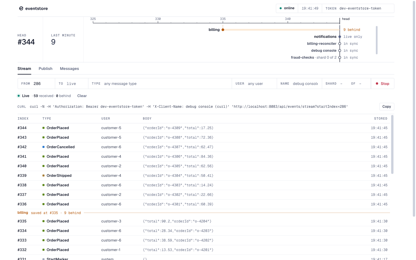 The EventStore debug console: the head of the log, each consumer's position on a ruler, and the log streaming in live